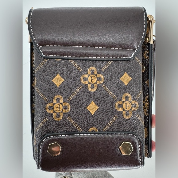 Fosidiri Brown and Gold Mini Hard Shell Monogram Crossbody Purse - Picture 5 of 12